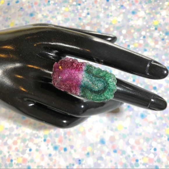 Femme Metale Jewelry - OOAK Pink Green Solar quartz long stone ring